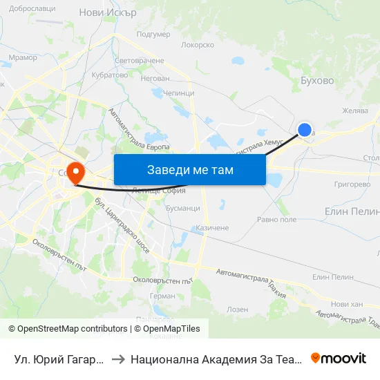 Ул. Юрий Гагарин / Yuri Gagarin St. (2262) to Национална Академия За Театрално И Филмово Изкуство Кръстьо Сарафов map