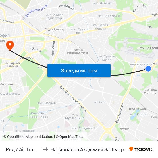 Рвд / Air Traffic Management (2453) to Национална Академия За Театрално И Филмово Изкуство Кръстьо Сарафов map