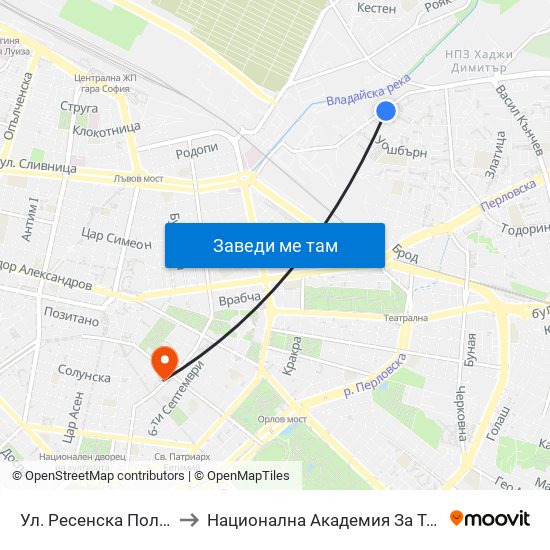 Ул. Ресенска Поляна / Resenska Polyana St. (2156) to Национална Академия За Театрално И Филмово Изкуство Кръстьо Сарафов map