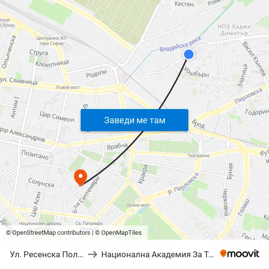 Ул. Ресенска Поляна / Resenska Polyana St. (2156) to Национална Академия За Театрално И Филмово Изкуство Кръстьо Сарафов map