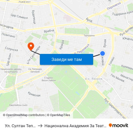 Ул. Султан Тепе / Sultan Tepe St. (2195) to Национална Академия За Театрално И Филмово Изкуство Кръстьо Сарафов map