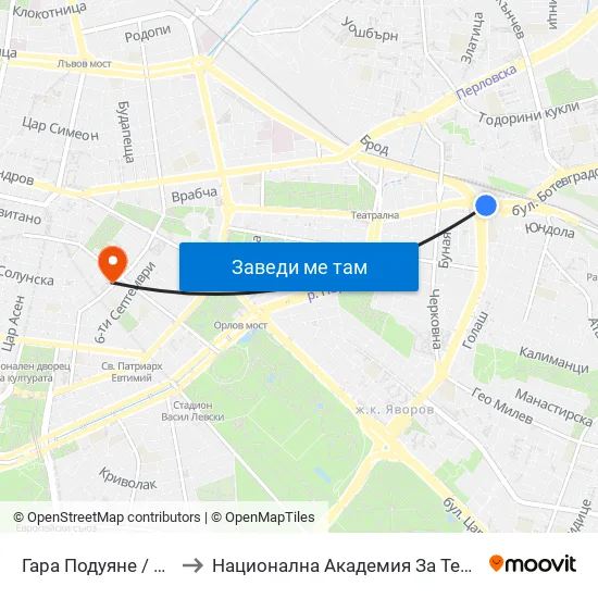 Гара Подуяне / Poduyane Train Station (0472) to Национална Академия За Театрално И Филмово Изкуство Кръстьо Сарафов map