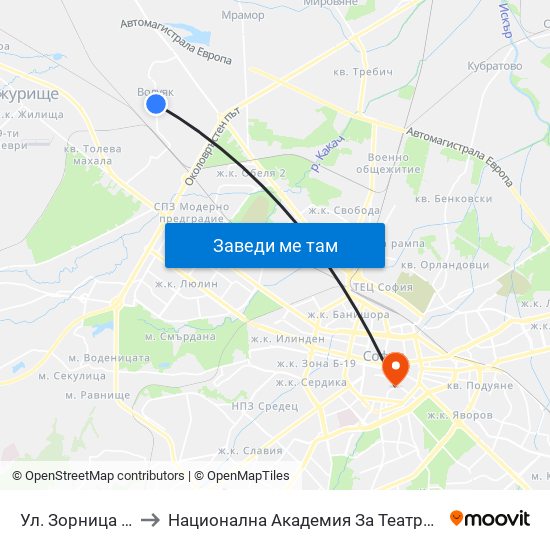 Ул. Зорница / Zornitsa St. (1221) to Национална Академия За Театрално И Филмово Изкуство Кръстьо Сарафов map