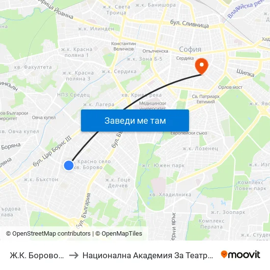 Ж.К. Борово / Borovo Sq. (0580) to Национална Академия За Театрално И Филмово Изкуство Кръстьо Сарафов map