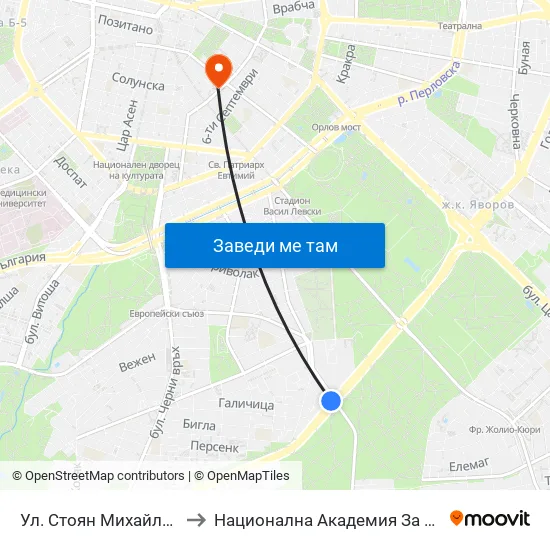Ул. Стоян Михайловски / Stoyan Mihaylovski St. (2190) to Национална Академия За Театрално И Филмово Изкуство Кръстьо Сарафов map