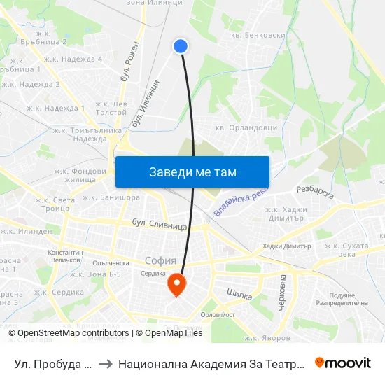 Ул. Пробуда / Probuda St. (2138) to Национална Академия За Театрално И Филмово Изкуство Кръстьо Сарафов map
