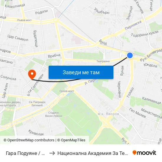 Гара Подуяне / Poduyane Train Station (0467) to Национална Академия За Театрално И Филмово Изкуство Кръстьо Сарафов map
