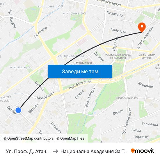 Ул. Проф. Д. Атанасов / Prof. D. Atanasov St. (2135) to Национална Академия За Театрално И Филмово Изкуство Кръстьо Сарафов map