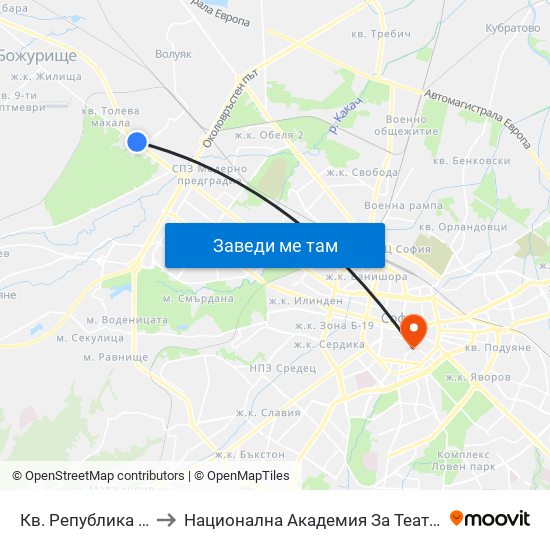 Кв. Република 2 / Republika 2 Qr (2527) to Национална Академия За Театрално И Филмово Изкуство Кръстьо Сарафов map