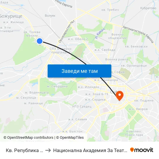 Кв. Република 2 / Republika 2 Qr (2527) to Национална Академия За Театрално И Филмово Изкуство Кръстьо Сарафов map