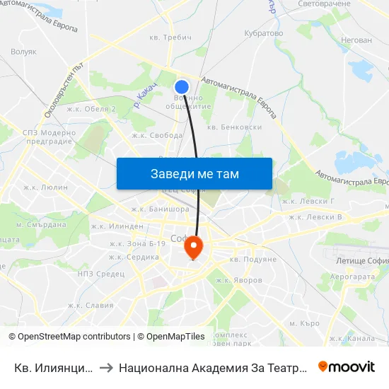 Кв. Илиянци / Iliyantsi Qr. (0848) to Национална Академия За Театрално И Филмово Изкуство Кръстьо Сарафов map