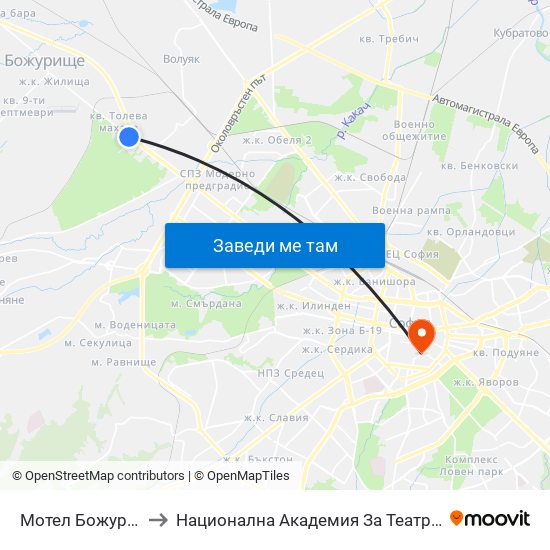 Мотел Божур / Bozhur Motel (1106) to Национална Академия За Театрално И Филмово Изкуство Кръстьо Сарафов map