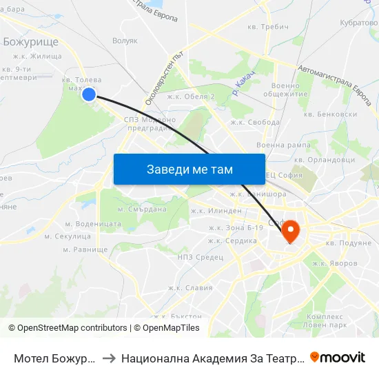 Мотел Божур / Bozhur Motel (1106) to Национална Академия За Театрално И Филмово Изкуство Кръстьо Сарафов map