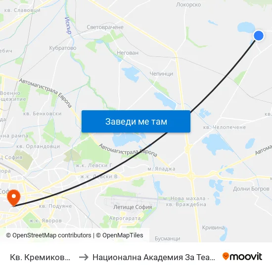 Кв. Кремиковци / Kremikovtsi Qr. (0855) to Национална Академия За Театрално И Филмово Изкуство Кръстьо Сарафов map