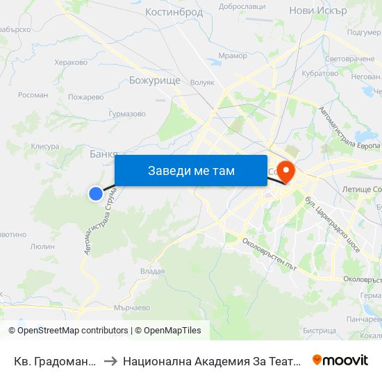 Кв. Градоман / Gradoman Qr. (0832) to Национална Академия За Театрално И Филмово Изкуство Кръстьо Сарафов map