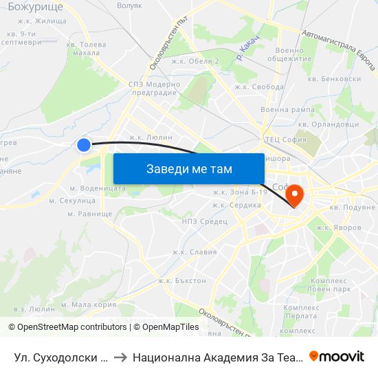 Ул. Суходолски Път / Suhodolski Pat (2199) to Национална Академия За Театрално И Филмово Изкуство Кръстьо Сарафов map
