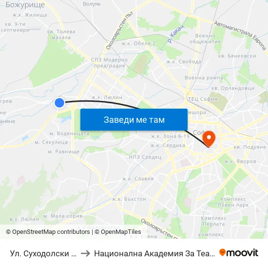 👋 Ул. Суходолски Път / Suhodolski Pat (2199) to Национална Академия За Театрално И Филмово Изкуство Кръстьо Сарафов map
