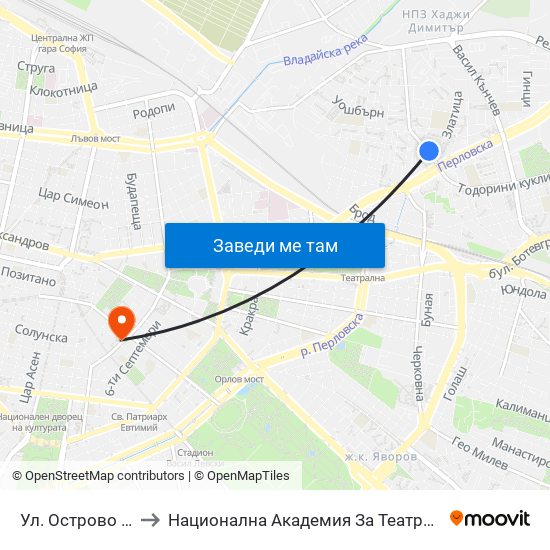 Ул. Острово / Ostrovo St. (2100) to Национална Академия За Театрално И Филмово Изкуство Кръстьо Сарафов map