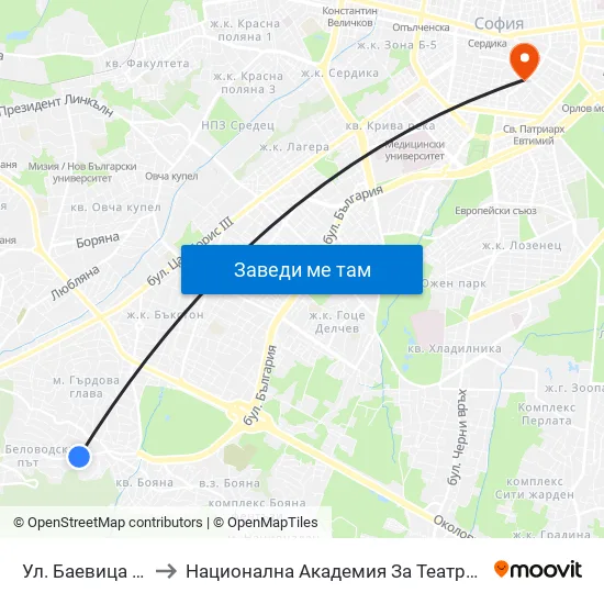 👋 Ул. Баевица / Baevitsa St. (1834) to Национална Академия За Театрално И Филмово Изкуство Кръстьо Сарафов map
