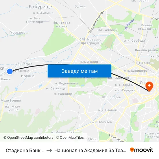 Стадиона Банкя / Bankya Stadium (1620) to Национална Академия За Театрално И Филмово Изкуство Кръстьо Сарафов map