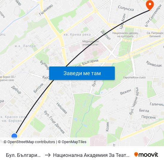 Бул. България / Bulgaria Blvd. (6564) to Национална Академия За Театрално И Филмово Изкуство Кръстьо Сарафов map