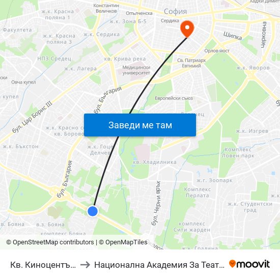 Кв. Киноцентър / Kinotsentar Qr. (1966) to Национална Академия За Театрално И Филмово Изкуство Кръстьо Сарафов map