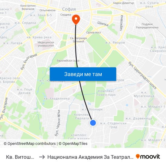 Кв. Витоша / Vitosha (0821) to Национална Академия За Театрално И Филмово Изкуство Кръстьо Сарафов map