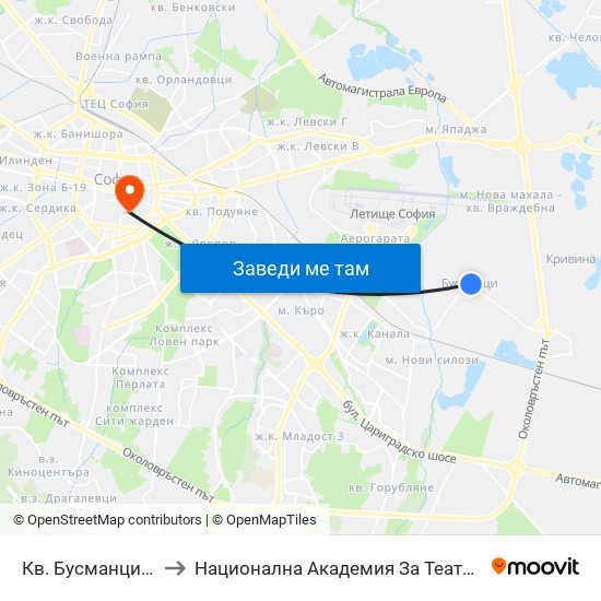 Кв. Бусманци / Busmantsi Qr. (0816) to Национална Академия За Театрално И Филмово Изкуство Кръстьо Сарафов map