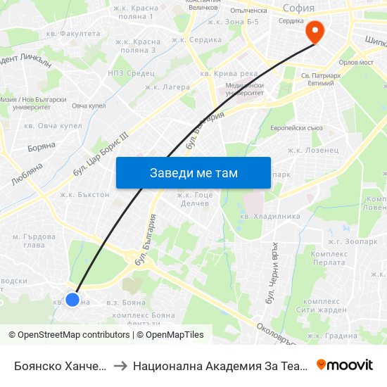 Боянско Ханче / Boyansko Hanche (0267) to Национална Академия За Театрално И Филмово Изкуство Кръстьо Сарафов map