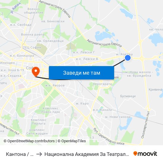 Кантона / Kantona (2441) to Национална Академия За Театрално И Филмово Изкуство Кръстьо Сарафов map