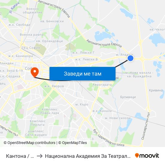 Кантона / Kantona (0788) to Национална Академия За Театрално И Филмово Изкуство Кръстьо Сарафов map
