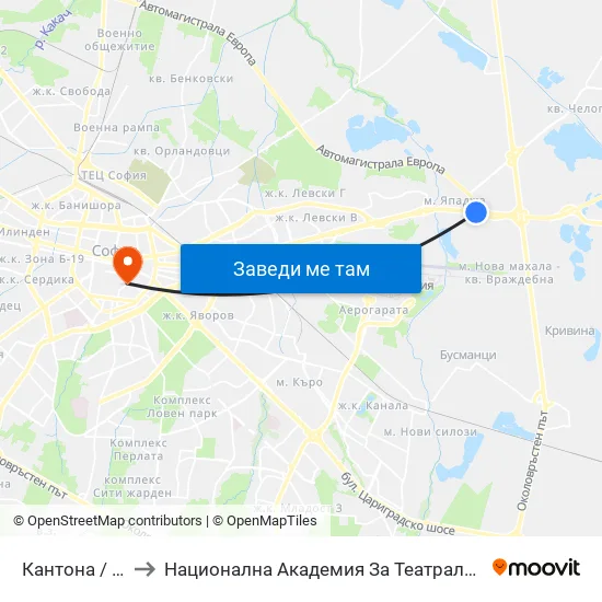 Кантона / Kantona (0787) to Национална Академия За Театрално И Филмово Изкуство Кръстьо Сарафов map