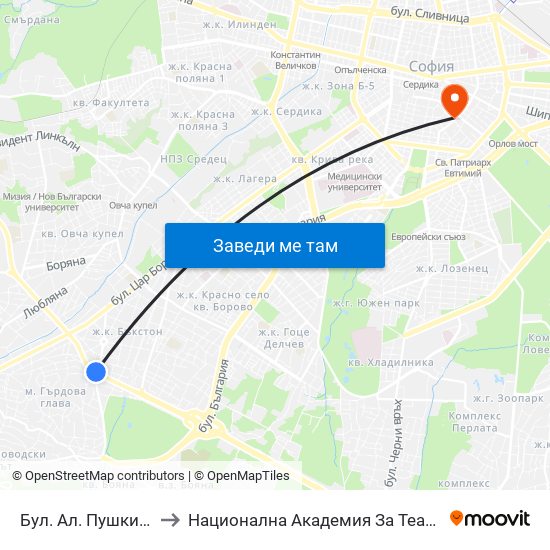 Бул. Ал. Пушкин / Al. Pushkin Blvd. (0277) to Национална Академия За Театрално И Филмово Изкуство Кръстьо Сарафов map