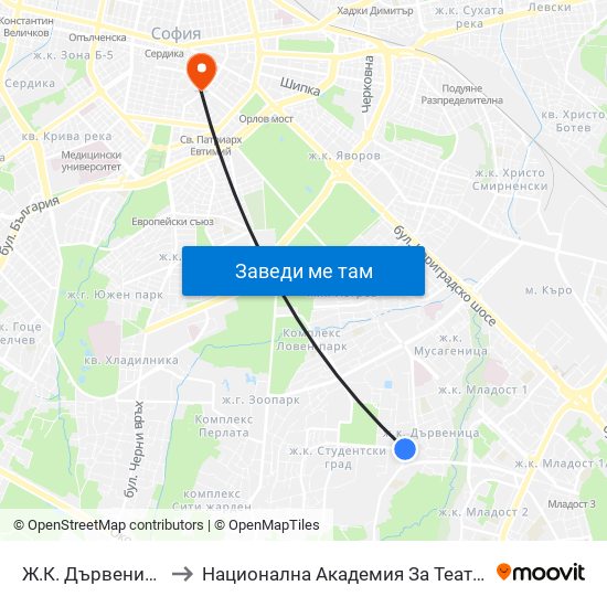 Ж.К. Дървеница / Darvenitsa Qr. (0800) to Национална Академия За Театрално И Филмово Изкуство Кръстьо Сарафов map