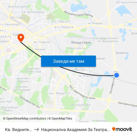 Кв. Видните / Vidnite Qr. (0820) to Национална Академия За Театрално И Филмово Изкуство Кръстьо Сарафов map