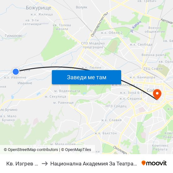 Кв. Изгрев / Izgrev Qr. (0843) to Национална Академия За Театрално И Филмово Изкуство Кръстьо Сарафов map