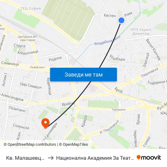 Кв. Малашевци / Malashevtsi Qr. (0863) to Национална Академия За Театрално И Филмово Изкуство Кръстьо Сарафов map