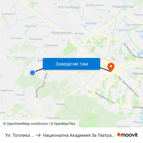 Ул. Топлика / Toplika St. (0870) to Национална Академия За Театрално И Филмово Изкуство Кръстьо Сарафов map