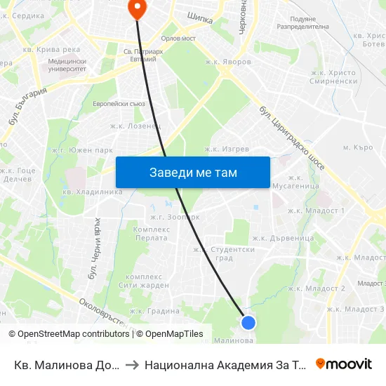 Кв. Малинова Долина / Malinova Dolina Qr. (0423) to Национална Академия За Театрално И Филмово Изкуство Кръстьо Сарафов map
