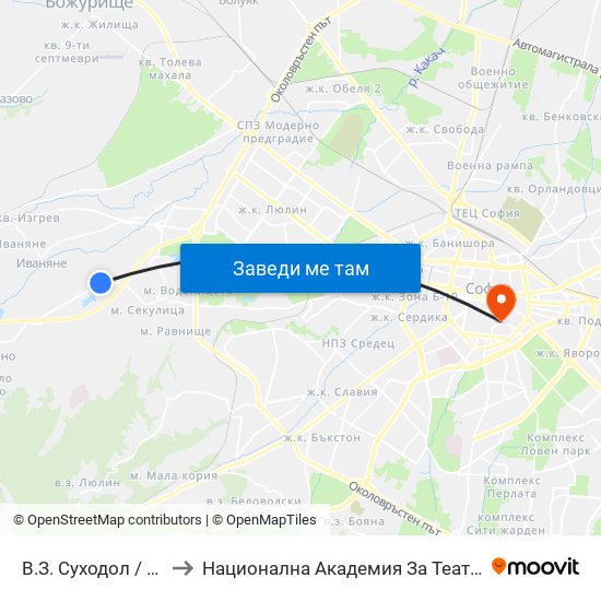 В.З. Суходол / Suhodol Villa Zone (0433) to Национална Академия За Театрално И Филмово Изкуство Кръстьо Сарафов map