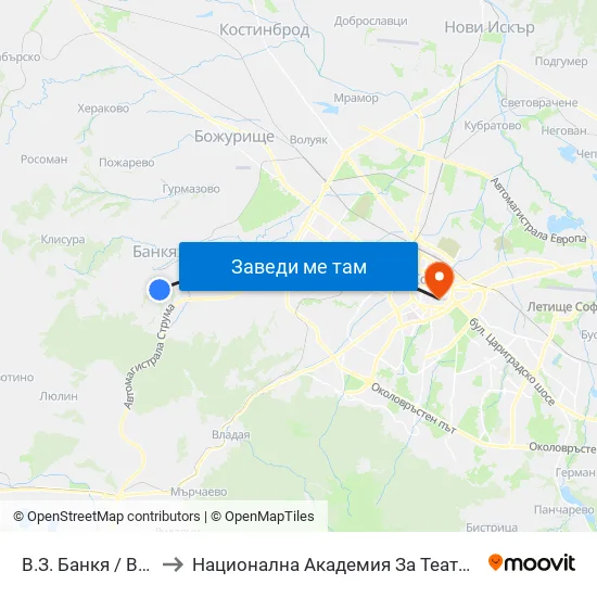 В.З. Банкя / Bankya Villa Zone (0431) to Национална Академия За Театрално И Филмово Изкуство Кръстьо Сарафов map