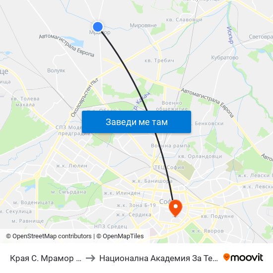Края С. Мрамор / End Of Mramor Village (0438) to Национална Академия За Театрално И Филмово Изкуство Кръстьо Сарафов map