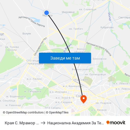 Края С. Мрамор / End Of Mramor Village (0438) to Национална Академия За Театрално И Филмово Изкуство Кръстьо Сарафов map