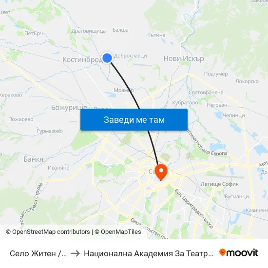 Село Житен / Zhiten Village (1536) to Национална Академия За Театрално И Филмово Изкуство Кръстьо Сарафов map