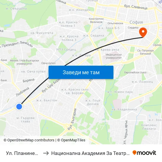 Ул. Планинец / Planinets St. (2104) to Национална Академия За Театрално И Филмово Изкуство Кръстьо Сарафов map
