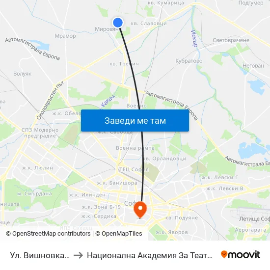 👋 Ул. Вишновка / Vishnovka St. (2631) to Национална Академия За Театрално И Филмово Изкуство Кръстьо Сарафов map