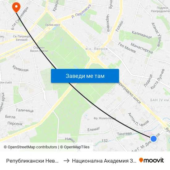Републикански Невродиспансер / National Neurology Clinic (0494) to Национална Академия За Театрално И Филмово Изкуство Кръстьо Сарафов map