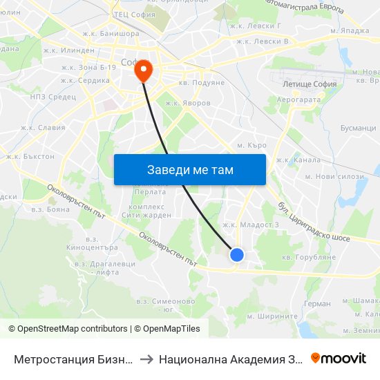 Метростанция Бизнес Парк / Business Park Metro Station (2490) to Национална Академия За Театрално И Филмово Изкуство Кръстьо Сарафов map