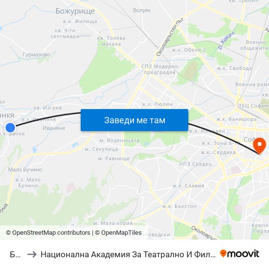 Банкя to Национална Академия За Театрално И Филмово Изкуство Кръстьо Сарафов map