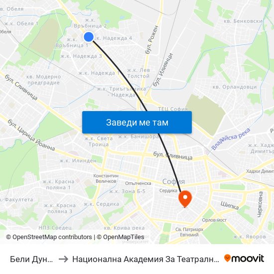 Бели Дунав / Beli Dunav to Национална Академия За Театрално И Филмово Изкуство Кръстьо Сарафов map